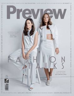 two women standing next to each other in front of a magazine cover with the title'preview fashion talks '