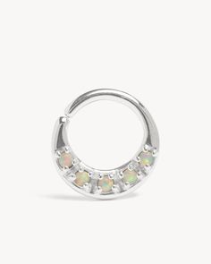 "Opal Nose ring piercing, septum ring. Bohemian Jewelry India style. Sold by piece. M A T E R I A L S ∙ & ∙ S I Z E Made of solid 925 Sterling Silver with five 2mm round Opal inlays Hypo-Allergenic materials for sensitive skin Septum Thickness Size > 16g (1.3mm) and 14g (1.6mm) Septum Diameter (hole inside ) > 8.5mm (about 5/16\") Septum Outside Size (Bottom to Top) > 13.5mm (about 9/16\") S E E * M O R E Matching Designs > https://www.etsy.com/shop/revelmy?ref=seller-platform-mc Sterling Silver Birthstone Piercings, Nickel Free Sterling Silver Belly Rings, Nickel-free Sterling Silver Belly Rings, Internally Threaded Silver Septum Ring, Silver Stackable Septum Ring, Silver Stackable Round Septum Ring, Minimalist Round Ring, Silver Hoop Septum Ring Stackable, Nickel-free White Gold Septum Ring