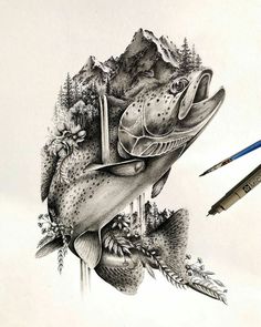 a pencil drawing of a fish with trees and mountains in the backgroung