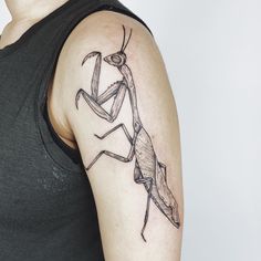 a man wearing a black tank top with a tattoo on his arm and an image of a praying mantissa