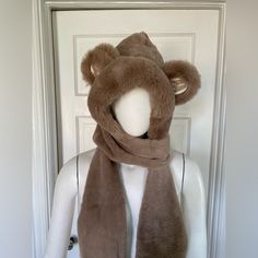 Rumi Bear Ear Hooded Fluffy Super Soft Scarf With Mittens Tan New With Tags Price Is Firm A4 Brown Hats With Faux Fur Lining And Ear Flaps, Bear Ears Scarf, Bear Ear Hat, Fluffy Bear Hoodie, Brown Faux Fur Hat With Ear Flaps, Bear Ears, Rumi, Tan Brown, Tags