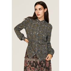 Gray floral jersey (50% Cotton 50% Tencel™ Modal). Top. Long sleeves. Mock neck. Front button closure. 26" from shoulder to hemline. Imported. Fall Printed Collared Tops, Fall Collared Printed Tops, Collared Floral Print Patterned Tops, Floral Print Long Sleeve Top For Fall, Casual Blouse With Ditsy Floral Print For Fall, Fall Floral Print Collared Blouse, Fall Patterned Workwear Shirt, Patterned Fall Workwear Shirt, Patterned Workwear Shirt For Fall