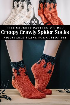 two pairs of crochet spider socks with text that reads free crochet pattern and video creepy crawly spider socks