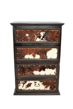 cowhide upholstered chest of drawers. Your Western Decor Western Dresser, Lodge Furniture, Ranch Furniture, Cowhide Furniture, Rustic Bedroom Furniture, Western Bedroom Decor, Western Bedroom