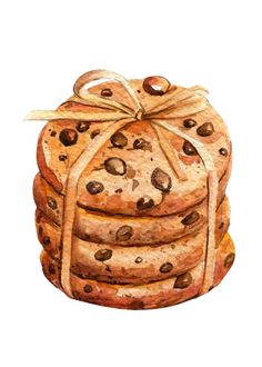 a watercolor drawing of a stack of cookies wrapped in a bow with chocolate chips