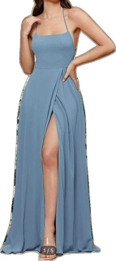 Blue V-neck Maxi Dress With Side Slits, Blue Split Evening Dress, Blue Split Maxi Dress For Evening, Elegant Blue Split Maxi Dress, Blue A-line Maxi Dress For Date Night, Blue Dress With Side Slits, Blue Dresses With Side Slits And Split, Blue Split Dress With Side Slits, Blue Prom Dresses With Side Slits