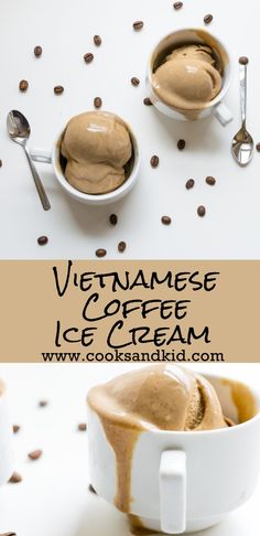 two bowls filled with ice cream next to spoons and coffee beans on the table