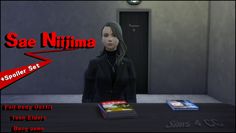 a woman standing in front of a table with books on it and the caption saying, safe ninjana spoiler set