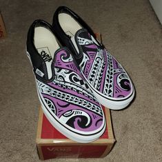 Nib Custom Painted "Tribal Print" Slip On Vans. I Got These Custom Made Through A Seller On Etsy. I've Never Worn Them. Black, Purple, And White Spark Paint. Made With Acrylic Fabric Sealant. Women's Size 9. Let Me Know If You Have Any Questions! Originally $130. Open To Reasonable Offers! Western Painted Vans, White Leather Vans, Custom Painted Vans, Doodle Shoes, Black High Top Vans, White Athletic Sneakers, Shoe Painting, Vans Custom, Tiger Shoes