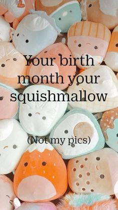 a pile of stuffed animals with the words, your birth month is squishmalow