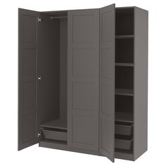 an open gray cabinet with shelves and drawers