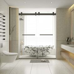 a bathroom with a tub, sink and toilet in it's center wall is shown