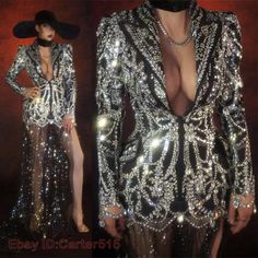 (eBay) Rhinestone Suit with Mesh Dress Women's Deep V Crystal Jacket Stage Costume Rhinestone Suit, Singer Stage, Blazers Women, Prom Costume, Great Gatsby Dresses, Crystal Dress, Stage Costume, Rhinestone Dress, Performance Wear