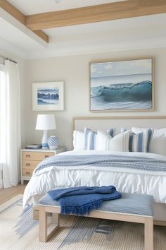 a bedroom with a large bed and blue accents