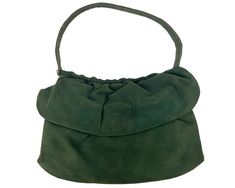 "This is a vintage 1950s handbag made in green suede leather in a satchel form.  The interior is lined in blue grosgrain (faille) fabric and has an open compartment with a zippered pocket built into the front of the side pocket.  It has a front flap that closes with a snap closure.  The top and front edges have curved metal bars covered by draped suede leather.   The purse measures about 13\" wide at its bottom by 9\" in height, exclusive of the handle, which has with a fall of 8\". The bag is in very good condition with no pronounced wear or signs of use.  There is no maker's label. Fabulous quality handbag - sure to be noticed!" Suede Tote Bag, Suede Tote, Top Handle Bags, Quality Handbags, How To Make Handbags, Suede Fabric, Green Suede, Fabric Bag, Handbag Purse