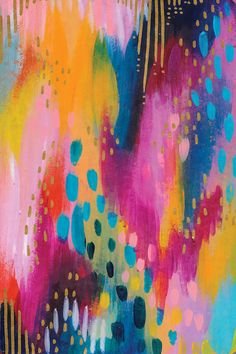 an abstract painting with blue, yellow and pink colors