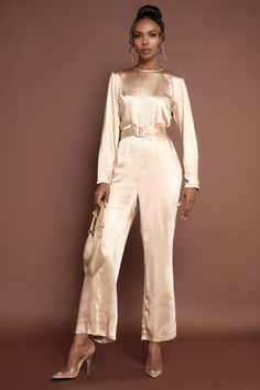 EXCLUSIVELY DESIGNED BY US FOR YOU. For all your satin dreams! Make a statement in this gorgeous, champagne jumpsuit. Featuring a wide leg, pockets and removable belt. Zip-back fastening. Chic Beige Evening Jumpsuits And Rompers, Elegant Beige Jumpsuits And Rompers For Date Night, Elegant Wide Leg Belted Jumpsuits And Rompers, Chic Formal Satin Jumpsuits And Rompers, Chic Satin Jumpsuits And Rompers For Evening, Elegant Satin Jumpsuits And Rompers For Workwear, Elegant Beige Wide Leg Jumpsuits And Rompers, Elegant Beige Jumpsuits And Rompers For Night Out, Elegant Belted Jumpsuits For Night Out