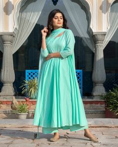 Cotton Embroidered Teal and Silver Colored Dress Set - www.riafashions.com Anarkali Cotton Set With Sheer Dupatta, Traditional Cotton Kurta With Sheer Dupatta, Sheer Dupatta Anarkali Cotton Set, Cotton Palazzo Set With Mirror Work, Navratri Cotton Kurta With Sheer Dupatta, Cotton Salwar Kameez With Sheer Dupatta, Semi-stitched Cotton Kurta With Sheer Dupatta, Cotton Lawn Suit With Sheer Dupatta, Traditional Cotton Lawn Suit With Sheer Dupatta