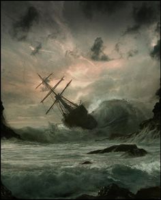 a painting of a ship in rough seas with waves crashing against the shore and clouds