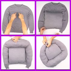 four pictures showing how to make an inflatable chair out of sweaters and pillows