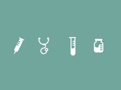 the medical icons are arranged in white on a teal green background, including a stethoscope and an iv