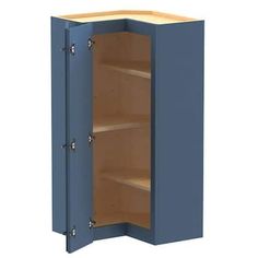 a blue cabinet with two shelves and one door open