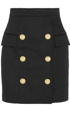 Balmain Black Buttoned Mini Skirt | Runway Catalog Cotton Mini Skirt, Black Fr, Decorative Buttons, Double Breasted Jacket, Skirts Online, Straight Skirt, Black Button, Gold Buttons, Black Satin