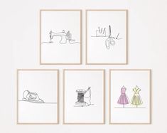 four framed art prints with sewing related drawings on them