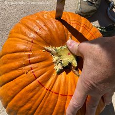 a person is cutting into a pumpkin with a pair of scissors