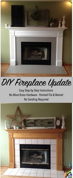 two different fireplaces with the words diy fireplace update on top and below them