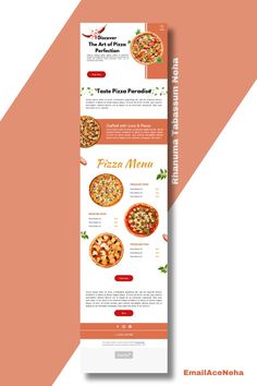 a pizza menu is shown on an orange and white background