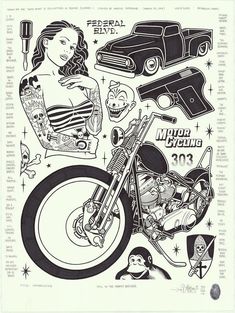 a drawing of a woman on a motorcycle with other items around her and the words, federal drive