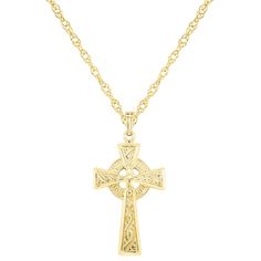 "Complete your look with the timeless style of this sterling silver Celtic cross pendant. Complete your look with the timeless style of this sterling silver Celtic cross pendant. Pendant size: 1 3/8""L x 3/4""W Chain length: 18 in. Chain type: rope Clasp: spring-ring Metal: sterling silver Finish: polished Packaging: boxed Please note, due to the high value of this item, a signature may be required upon delivery. Size: 18"". Color: Yellow. Gender: female. Age Group: adult. Material: Gold Over St Classic Engraved Crucifix Necklace, Classic Engraved Crucifix Jewelry, Sterling Silver Cross Jewelry Stamped 14k, Sterling Silver Crucifix Necklace In Yellow Gold, Classic Hallmarked Crucifix Jewelry, Classic Cross Pendant Necklace For Anniversary, Classic Cross Pendant Necklace, Classic Crucifix Jewelry With Polished Finish, Classic Engraved Cross Pendant Jewelry