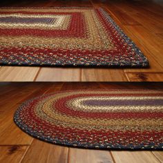 two red and blue rugs sitting on top of a wooden floor next to each other