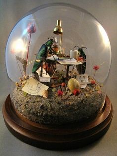 a glass ball with some plants in it on top of a wooden base and a lamp