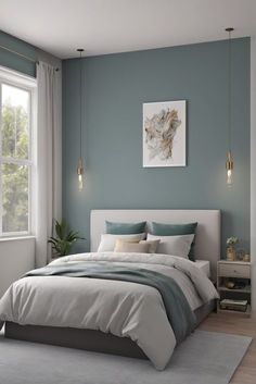 a bedroom with blue walls, white bedding and gray rugs on the floor