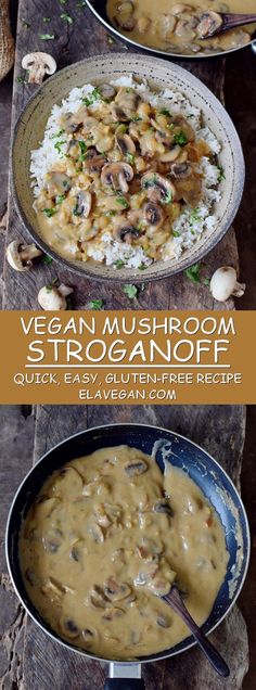 two bowls filled with mushroom stroganonoff next to another bowl full of mushrooms