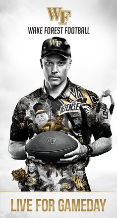 a man holding a football in his hands with the words wake forest football on it