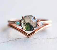 Moss agate engagement ring set, Gemstone ring, Rustic opal set, Organi Hexagon Wedding, Diamond Alternative Engagement Ring, Moss Agate Engagement Ring, Agate Engagement Ring, Moss Agate Ring, Opal Engagement, Engagement Rings Opal, Agate Ring, Original Jewelry