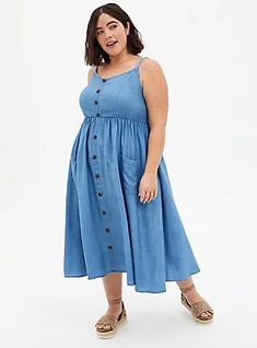 Blue Chambray Button Front Skater Midi Dress, CHAMBRAY Plus Size Summer Dresses, Fashion To Figure, Fitted Wedding Dress, Picnic In The Park, Dress Images, Chambray Dress, Tea Length Dresses, Gowns With Sleeves, Cute Summer Dresses