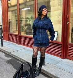 Fall Boots Outfit Black Women, Bodycon Dress Layering Outfit, Ny Fashion Week 2024 Street Style, Puffer Boots Outfit, Long Sleeve Denim Dress Outfit, Dc Outfits Washington Fall, Jean Dress Outfit Black Women, Denim Dress Outfit Black Women, Go Go Boots Outfit