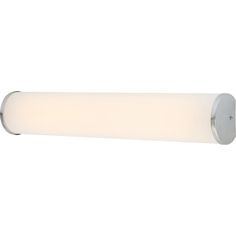 an image of a bathroom light on the wall with white glass and metal trims