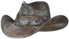 Western Distressed Brown Hat, Distressed Brown Western Hat, Turquoise Country Hat For Country Events, Country Style Turquoise Hat For Country Events, Turquoise Western Hat With Flat Brim, Turquoise Hats For Country Events With Short Brim, Turquoise Short Brim Hat For Country Events, Western Blue Straw Hat For Country Events, Blue Western Straw Hat For Country Events