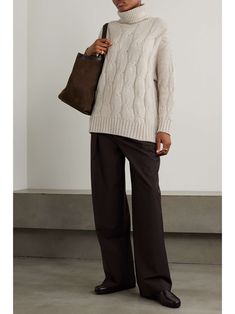 Elegant Oversized Cable Knit Sweater, Oversized High Neck Cable Knit Sweater, Oversized Cable Knit Sweater For Work, Wool Cable Knit High Neck Sweater, Oversized Cable Knit High Neck Turtleneck, Oversized Cable Knit Turtleneck, Chic Cable Knit Cashmere Sweater, Chic Turtleneck Cable Knit Sweater, Beige Cable Knit Turtleneck