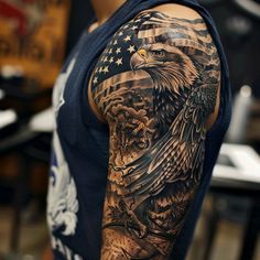 a man with an eagle and tiger tattoo on his arm