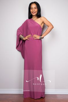 "One shoulder dress, Long pink dress, Off shoulder evening dress, dusty pink cocktail dress, pink party dress PRODUCT SIZE : Free Size * Chest : 40\" will stretch to 44\" * Waist : 40\" will stretch to 44\" * Hips : 40\" will stretch to 44\" * Sleeve length : 23\" * Length : 57\" - 58\" from shoulder to hem (measured when laying flat) MATERIAL : * ITY (polyester jersey) > soft and comfortable to wear, not as slippery as spandex. NOTE : * Model chest : 32\", waist : 24\" hips : 35\" * Combined Pink Sleeveless Asymmetrical Formal Dress, Pink One-shoulder Dress With Asymmetrical Neckline For Gala, Pink One Shoulder Dress With Asymmetrical Neckline For Gala, Chic Pink One Shoulder Dress For Wedding, Pink Asymmetrical Dress For Evening With Asymmetrical Neckline, Pink Asymmetrical Dress For Evening, Elegant Pink Asymmetrical Evening Dress, Elegant Asymmetrical Pink Evening Dress, Pink One-shoulder Dress For Gala