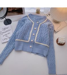 Style: commuting Size: one size Color: white, blue, black Elegant Light Blue Sweater For Spring, Elegant Light Blue Spring Sweater, Light Blue Elegant Tops For Winter, Elegant Light Blue Tops For Winter, Elegant Light Blue Winter Top, Long Sleeve Knitted Cardigan, Vintage Pearl, Evening Outfits, Toilet Brush