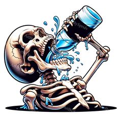 a skeleton pouring water from a blue bottle into a skull's head with a spout