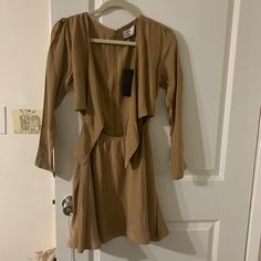 100% Silk Dress. Tags On Beige A-line Dress For Date Night, Fitted Open Front Dress For Date Night, Open Front Dress For Night Out In Fall, Fall Party Mini Dress In Viscose, Dressy Dresses For Fall Brunch, Dressy Fall Dresses For Brunch, Fall Mini Dress For Brunch, Chic Open Front Fall Dresses, Chic Viscose Mini Dress