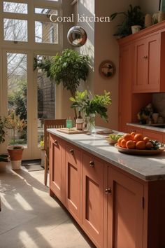 a kitchen with oranges and potted plants on the counter